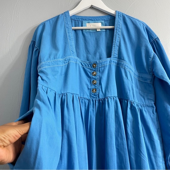 By Anthropologie Long-Sleeve Square-Neck Denim Babydoll Mini Dress blue size L - Picture 8 of 16
